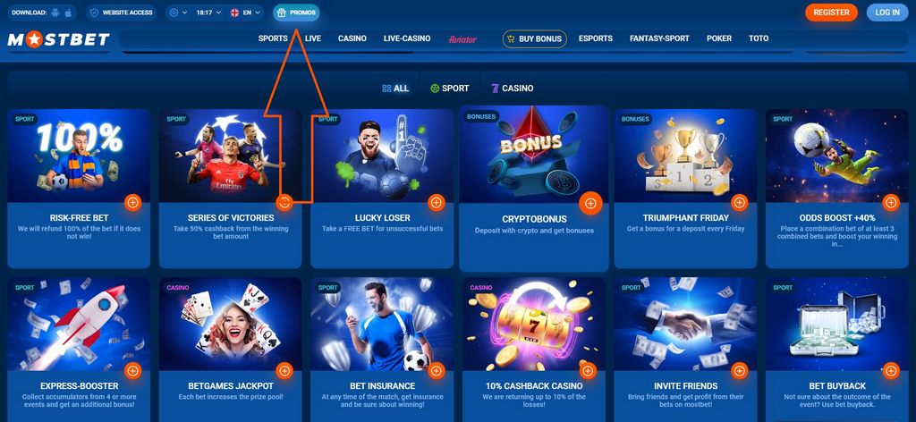 Размещение ставок на спорт на Mostbet